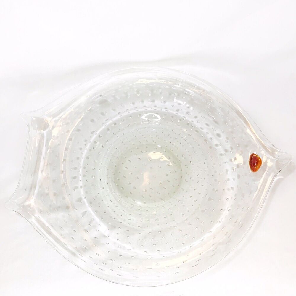 Hand Blown Bullicante Clear Glass Fish Shaped Bowl Heavy Base Red Eye